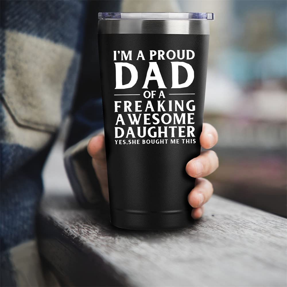 Donenzi Dad Gifts From Daughter Gifts for Father's Day For Dad 20oz Black Travel Tumbler Birthday Gifts For Proud Dad From Awesome Kids Christmas Bday Presents Travel Cup Gift Set with Straw