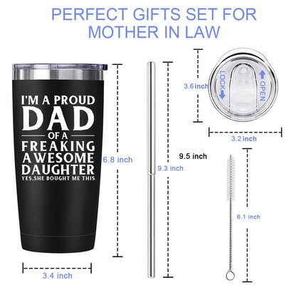 Donenzi Dad Gifts From Daughter Gifts for Father's Day For Dad 20oz Black Travel Tumbler Birthday Gifts For Proud Dad From Awesome Kids Christmas Bday Presents Travel Cup Gift Set with Straw