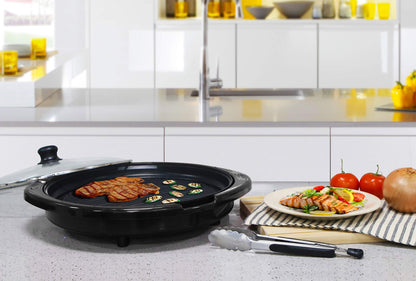 Elite Gourmet EMG-980BSC Large Indoor Electric Round Nonstick Grill Cool Touch Fast Heat Up Ideal Low-Fat Meals Easy to Clean Design Dishwasher Safe Includes Glass Lid, 14" Round B, Black