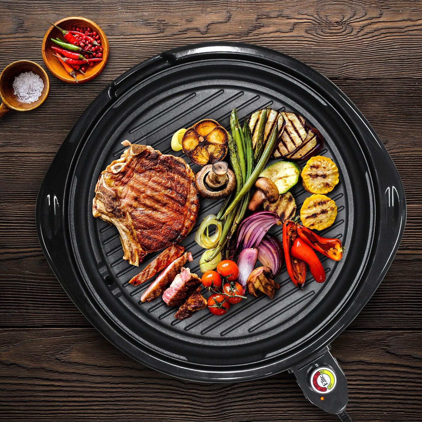 Elite Gourmet EMG-980BSC Large Indoor Electric Round Nonstick Grill Cool Touch Fast Heat Up Ideal Low-Fat Meals Easy to Clean Design Dishwasher Safe Includes Glass Lid, 14" Round B, Black